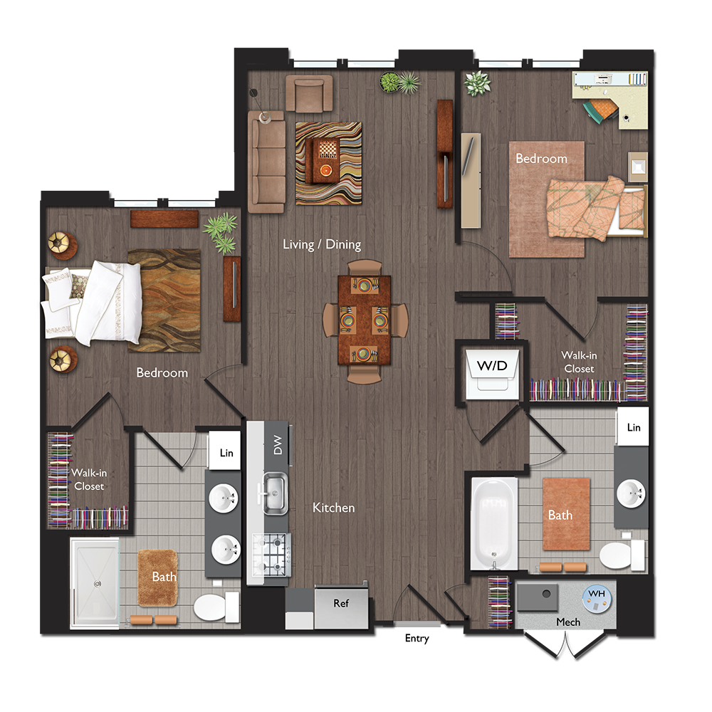 Floor plan for 2 beds, 2 baths, 987 sqft